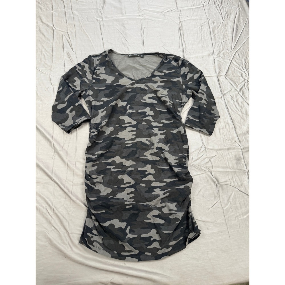 New York & Company Camo V-Neck Ruched Bodycon Dress Gray Black XXL 3/4 Sleeve